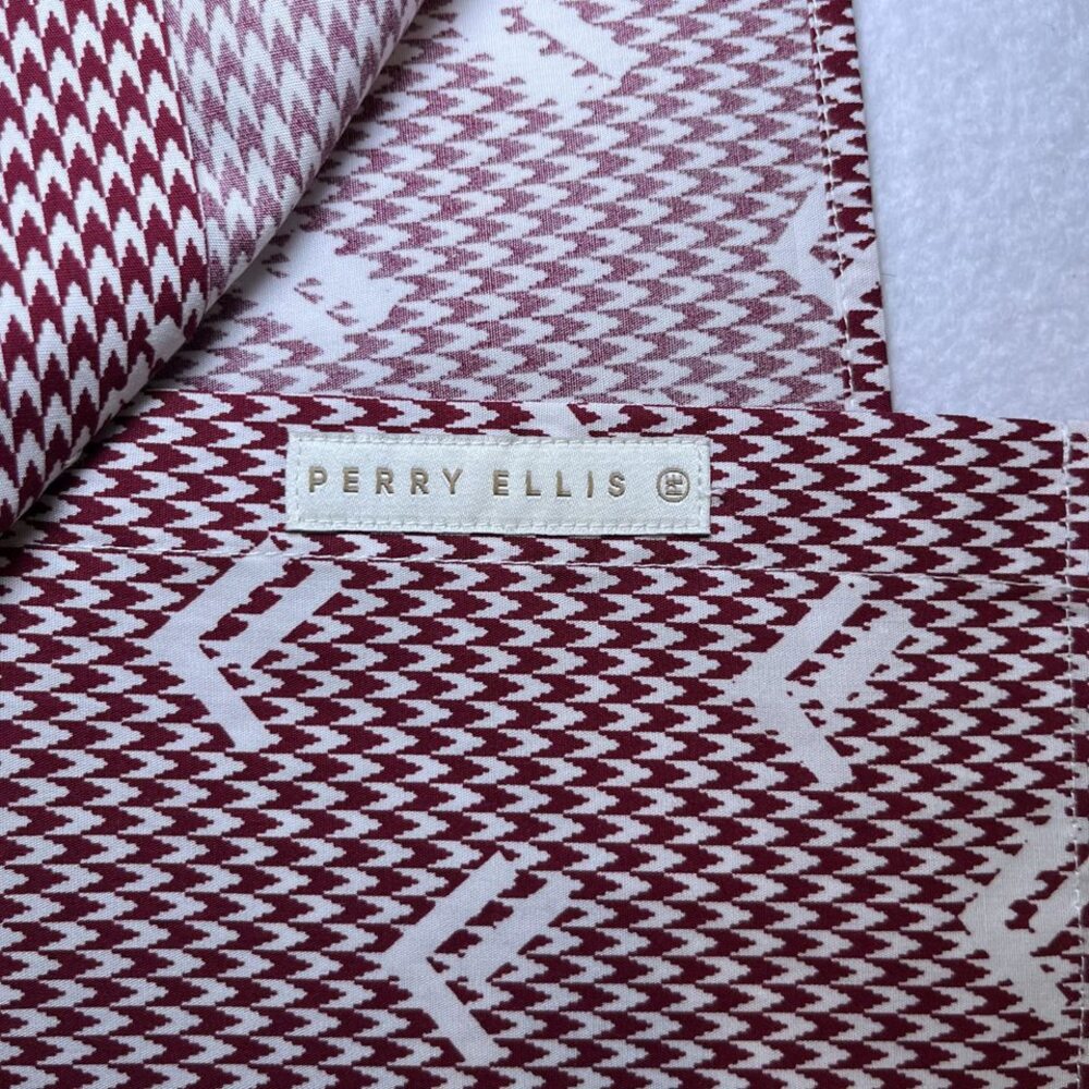 Perry Ellis SLIM FIT short sleeve button down shirt cotton maroon white mens L - Picture 8 of 12